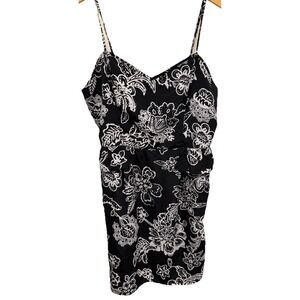 AMERICAN EAGLE Peplum Mini Sun Dress Size 12 Spaghetti Strap Black White Floral